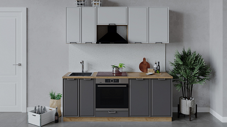 Кухонный гарнитур Белладжио Трия 200 см со шкафом НБ Дуб Крафт золотой / Фон белый / Софт графит
